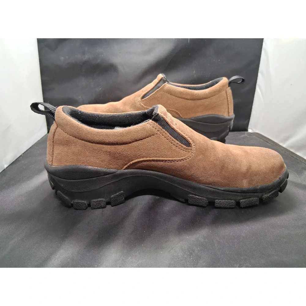 Lands End Womens Tan Suede Slip On Loafers Lug Sole Walking Shoes Size 5HB